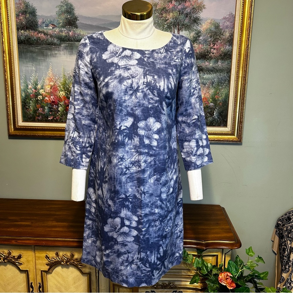 J. Jill Blue Floral Hibiscus 100% Linen 3/4 Sleeve Shift Dress